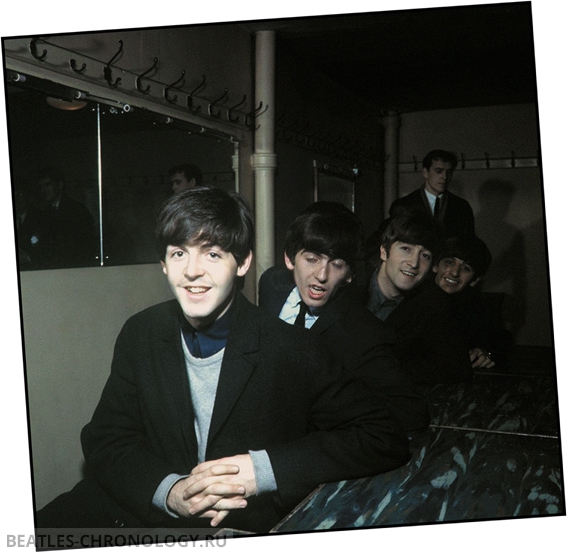 The Beatles at the De Montfort Hall in Leicester 10 October 1964 Left to right: Paul McCartney, George Harrison, John Lennon, and Ringo Starr.