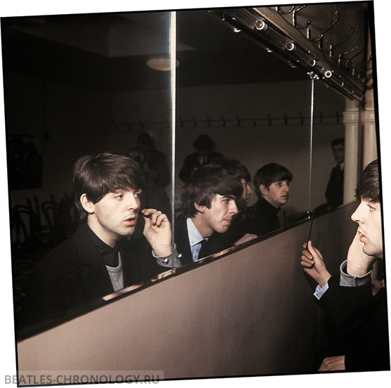 The Beatles at the De Montfort Hall in Leicester 10 October 1964 . Reflected in the dressing room mirrors left to right: Paul McCartney, George Harrison, John Lennon, and Ringo Starr.