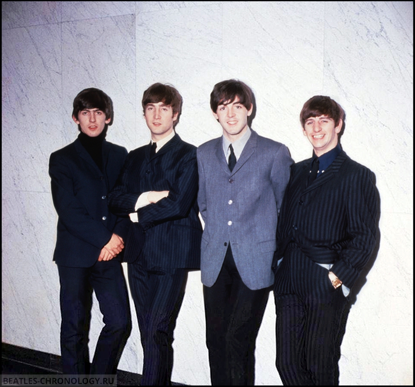 Original Caption: London, England: Great Britain's Rock and Roll quartet sensation hold still for the cameraman. From left are: George Harrison, John Lennon, Paul McCartney and Ringo Starr.