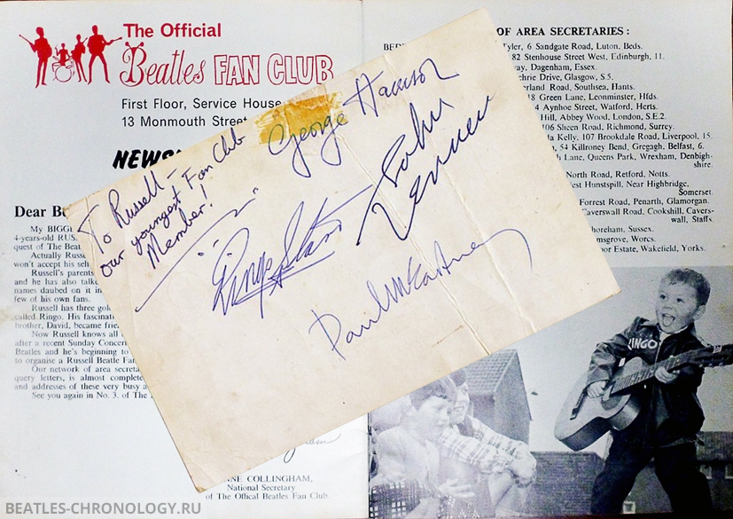 Undated handout photo issued by the Liverpool Beatles Shop of an honorary membership of the Beatles Fan Club and a set of Beatles autographs presented to Russell Jamieson by the pop legends which is expected to fetch thousands of pounds at auction this weekend. PRESS ASSOCIATION Photo. Issue date: Tuesday August 21, 2012. Beatles-mad Russell Jamieson came to the attention of the Fab Four after running away from home to join the band in the summer of 1963. The young fan even gave his name as Russell Beatle when he was found by a police officer wandering the streets of Liverpool. See PA story SALE Beatles. Photo credit should read: Liverpool Beatles Shop/PA Wire NOTE TO EDITORS: This handout photo may only be used in for editorial reporting purposes for the contemporaneous illustration of events, things or the people in the image or facts mentioned in the caption. Reuse of the picture may require further permission from the copyright holder.