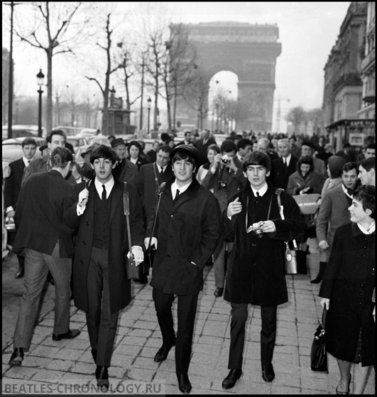 Paul Mac Cartney, John Lennon And George Harrison Walking Down The Champs-Elysees, Paris