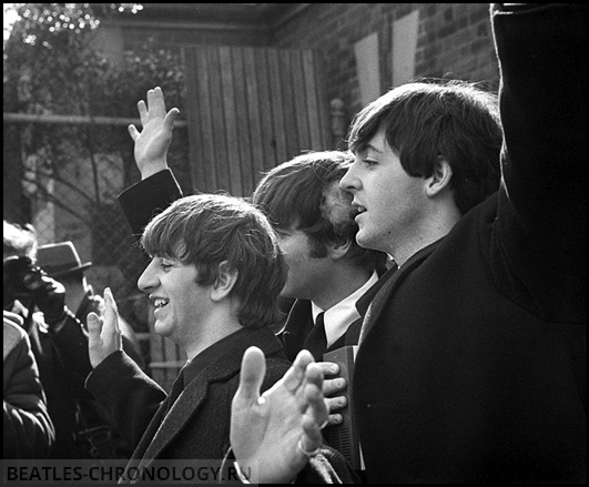 The Beatles in New York USA February 1964 John Lennon Ringo Starr and Paul McCartneywaves to fans and press